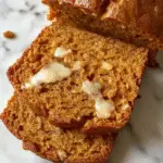 A freshly sliced loaf of super moist pumpkin bread sits on a rustic wooden table. The bread has a golden-brown crust with a tender, slightly crumbly interior visible through the slices. A few slices are arranged neatly, showing a moist and dense crumb with flecks of pumpkin and warm spices. In the background, there are small bowls of cinnamon, nutmeg, and a cup of coffee, creating a cozy, inviting atmosphere.