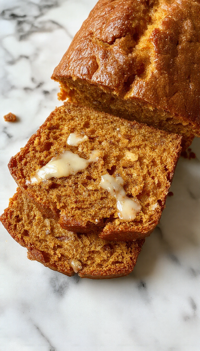 A freshly sliced loaf of super moist pumpkin bread sits on a rustic wooden table. The bread has a golden-brown crust with a tender, slightly crumbly interior visible through the slices. A few slices are arranged neatly, showing a moist and dense crumb with flecks of pumpkin and warm spices. In the background, there are small bowls of cinnamon, nutmeg, and a cup of coffee, creating a cozy, inviting atmosphere.