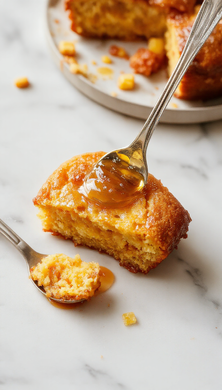 A golden-brown skillet filled with moist honey cornbread, topped with a light glaze and a pat of melting butter. The cornbread has a slightly crumbly texture and a tempting honey glaze that glistens under soft lighting. The skillet is rustic, sitting on a wooden surface with a few crumbs scattered, inviting comfort and warmth.