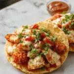 A vibrant plate featuring a crispy tostada shell topped with shredded rotisserie chicken, fresh diced tomatoes, lettuce, chopped cilantro, and a drizzle of creamy sauce. The ingredients are bright and colorful, arranged attractively on the tostada, with a textured golden-brown shell and fresh green garnish providing contrast.