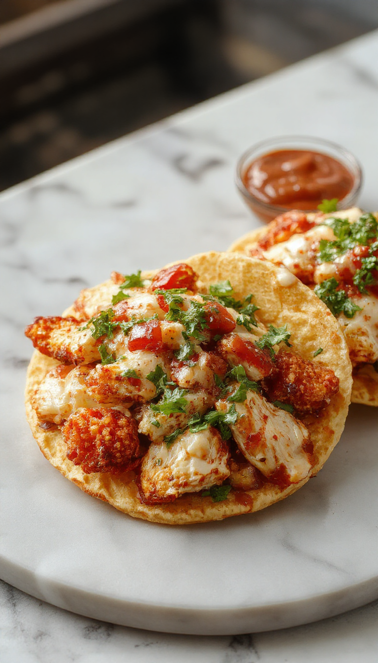 A vibrant plate featuring a crispy tostada shell topped with shredded rotisserie chicken, fresh diced tomatoes, lettuce, chopped cilantro, and a drizzle of creamy sauce. The ingredients are bright and colorful, arranged attractively on the tostada, with a textured golden-brown shell and fresh green garnish providing contrast.
