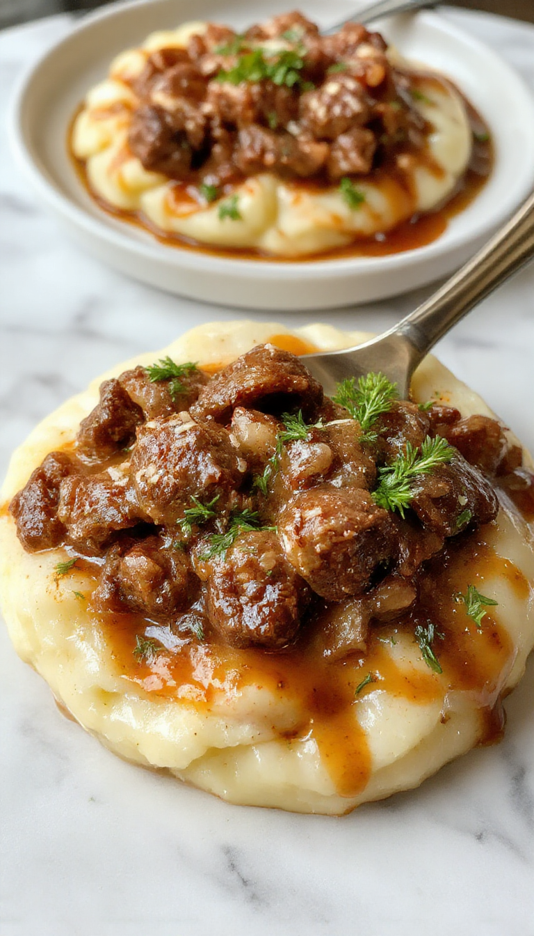 A rich, hearty Short Rib Ragu served over a bed of creamy, silky Parmesan mashed potatoes. The dish is presented on a rustic white plate, garnished with fresh herbs, with tender falling-off-the-bone short ribs visible in the ragu sauce. The background shows a cozy dinner setting with warm lighting and a wooden table.