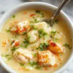 A creamy chicken pot pie soup served in a rustic white bowl, topped with golden flaky pie crust pieces and fresh chopped herbs, with steam rising, placed on a wooden table with a napkin and spoon nearby.