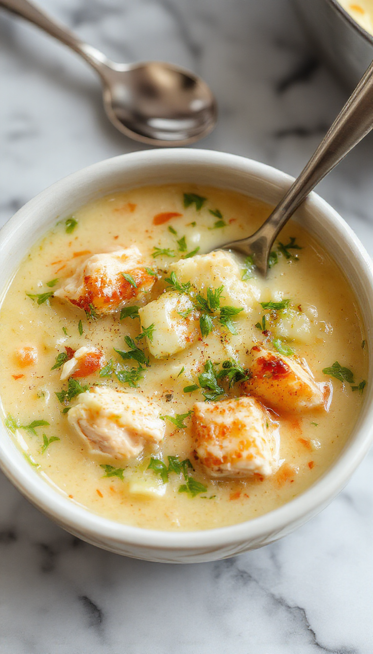 A creamy chicken pot pie soup served in a rustic white bowl, topped with golden flaky pie crust pieces and fresh chopped herbs, with steam rising, placed on a wooden table with a napkin and spoon nearby.