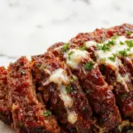 A beautifully sliced meatloaf on a rustic white plate, glazed with a shiny, caramelized layer on top. The slices reveal a tender, moist interior with visible herbs and chunks of Wagyu beef. The plate is garnished with fresh parsley and accompanied by side dishes like roasted vegetables and mashed potatoes, set on a wooden table with natural lighting enhancing the textures and rich colors.