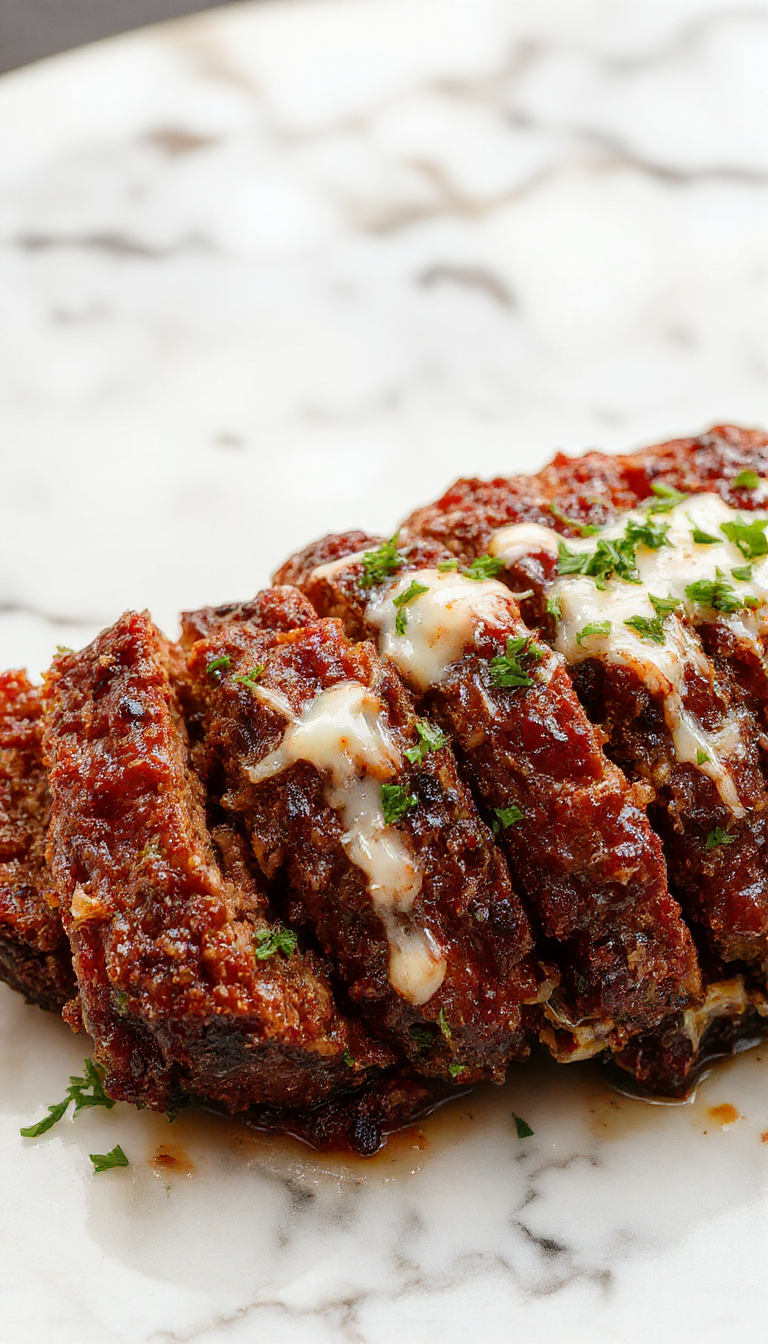 A beautifully sliced meatloaf on a rustic white plate, glazed with a shiny, caramelized layer on top. The slices reveal a tender, moist interior with visible herbs and chunks of Wagyu beef. The plate is garnished with fresh parsley and accompanied by side dishes like roasted vegetables and mashed potatoes, set on a wooden table with natural lighting enhancing the textures and rich colors.