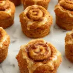 A close-up of golden-brown pumpkin cinnamon roll muffins arranged on a rustic white plate. The muffins have swirled cinnamon and pumpkin filling visible on top, with a hint of powdered sugar dusted over them. The background features fall-themed decorations like small pumpkins and cinnamon sticks, enhancing the cozy autumn feel.