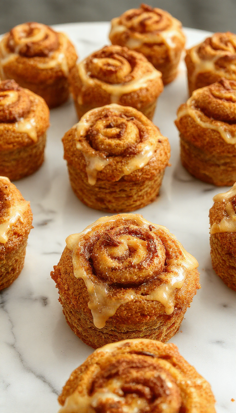 A close-up of golden-brown pumpkin cinnamon roll muffins arranged on a rustic white plate. The muffins have swirled cinnamon and pumpkin filling visible on top, with a hint of powdered sugar dusted over them. The background features fall-themed decorations like small pumpkins and cinnamon sticks, enhancing the cozy autumn feel.