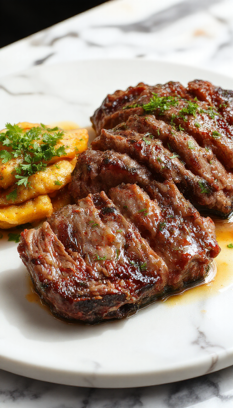 A plated Salisbury steak served topped with rich mushroom-onion gravy, garnished with fresh herbs. The steak has a golden-brown crust, complemented by caramelized onions and sliced mushrooms in a glossy sauce, presented on a rustic white plate with a sprig of parsley for garnish.