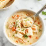 A steaming bowl of white chicken chili topped with shredded cheese and chopped cilantro, served in a rustic white bowl. The chili contains tender shredded chicken, white beans, and bits of cream cheese with a creamy, thick consistency. The presentation highlights a cozy, fall-inspired setting with a spoon resting beside the bowl and a warm, inviting background.