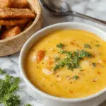 A steaming bowl of creamy cauliflower soup garnished with fresh green herbs, served in a rustic white bowl on a wooden surface with a spoon resting beside. The soup has a smooth, velvety texture with a pale, color-contrast background highlighting its inviting warmth.