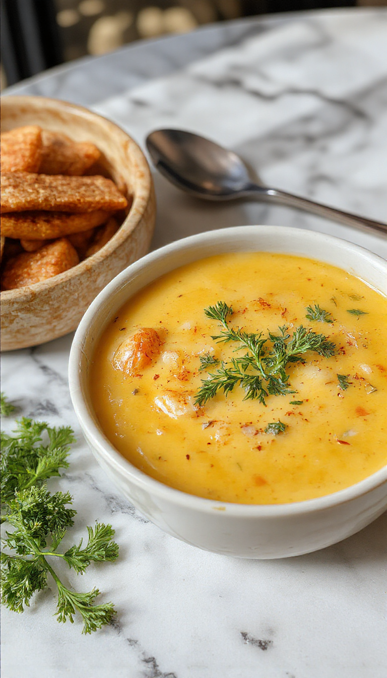 A steaming bowl of creamy cauliflower soup garnished with fresh green herbs, served in a rustic white bowl on a wooden surface with a spoon resting beside. The soup has a smooth, velvety texture with a pale, color-contrast background highlighting its inviting warmth.