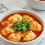A bowl of vibrant red creamy tomato soup topped with golden cheese dumplings sprinkled with fresh marjoram, served on a rustic wooden table with a sprig of herbs for garnish.