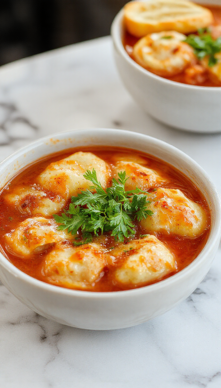 A bowl of vibrant red creamy tomato soup topped with golden cheese dumplings sprinkled with fresh marjoram, served on a rustic wooden table with a sprig of herbs for garnish.