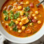 A steaming bowl of Tuscan Chickpea Soup garnished with fresh herbs, featuring golden chickpeas, diced vegetables, and a drizzle of olive oil, served in a rustic white bowl on a wooden table.