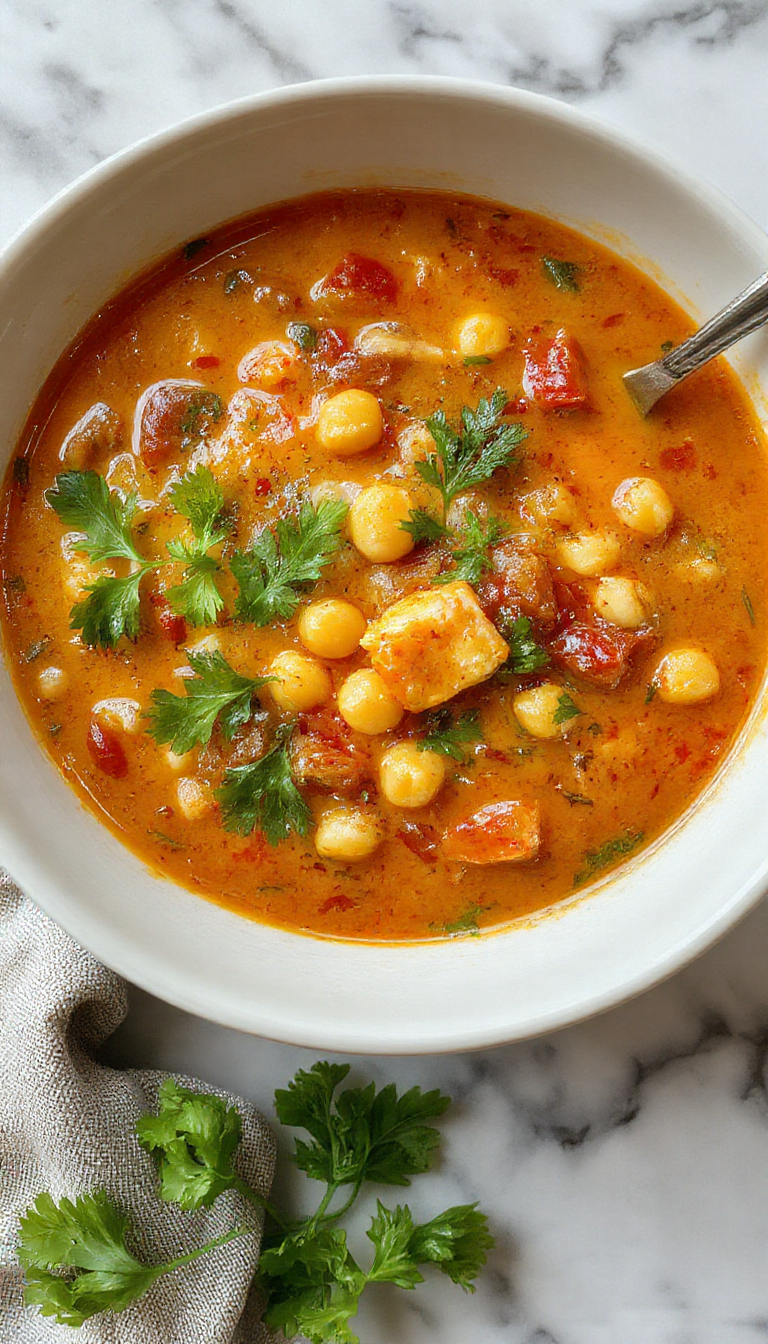 A steaming bowl of Tuscan Chickpea Soup garnished with fresh herbs, featuring golden chickpeas, diced vegetables, and a drizzle of olive oil, served in a rustic white bowl on a wooden table.