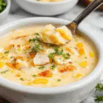 A steaming bowl of vibrant yellow chicken corn chowder sits on a rustic wooden table, topped with fresh chopped herbs and a sprinkle of black pepper. The chowder is thick with visible chunks of tender chicken, sweet corn kernels, and diced vegetables, garnished with a sprig of cilantro. The bowl's creamy broth contrasts beautifully with the colorful ingredients, inviting comfort and warmth.