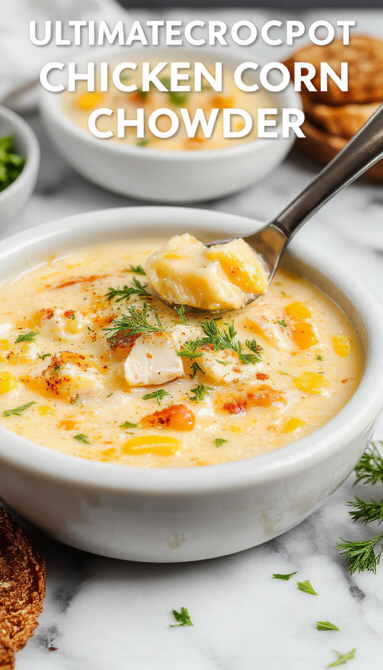A steaming bowl of vibrant yellow chicken corn chowder sits on a rustic wooden table, topped with fresh chopped herbs and a sprinkle of black pepper. The chowder is thick with visible chunks of tender chicken, sweet corn kernels, and diced vegetables, garnished with a sprig of cilantro. The bowl's creamy broth contrasts beautifully with the colorful ingredients, inviting comfort and warmth.