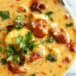 A steaming bowl of vibrant Vegan Zuppa Toscana with creamy white base, garnished with chopped fresh herbs, slices of vegan sausage, and crispy kale on top, presented on a rustic wooden table with a spoon resting beside it.