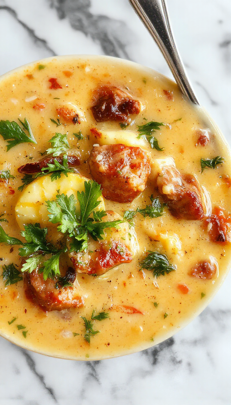 A steaming bowl of vibrant Vegan Zuppa Toscana with creamy white base, garnished with chopped fresh herbs, slices of vegan sausage, and crispy kale on top, presented on a rustic wooden table with a spoon resting beside it.