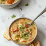 A rustic bowl of hearty vegetarian barley soup, showcasing tender grains, vibrant vegetables like carrots and celery, garnished with fresh herbs, all set against a warm, wooden background. The soup has a thick, comforting texture with visible chunks of potatoes and barley, steam gently rising to evoke freshness and warmth.