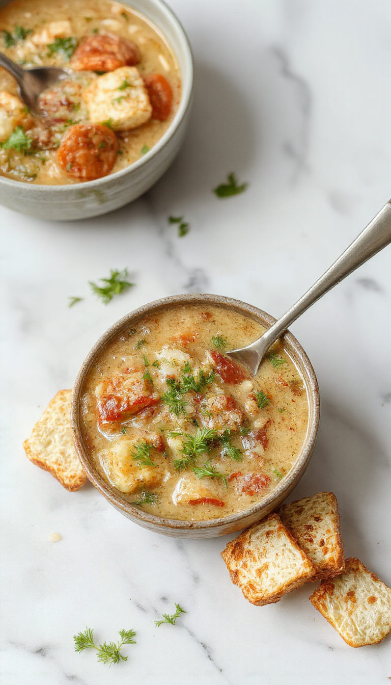 A rustic bowl of hearty vegetarian barley soup, showcasing tender grains, vibrant vegetables like carrots and celery, garnished with fresh herbs, all set against a warm, wooden background. The soup has a thick, comforting texture with visible chunks of potatoes and barley, steam gently rising to evoke freshness and warmth.