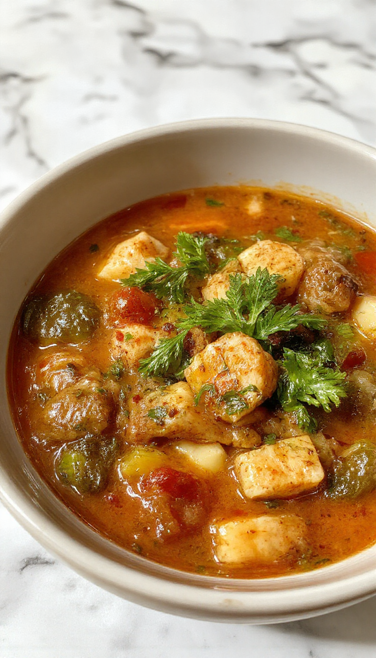 A steaming bowl of Tuscan Vegetable Soup showcases a vibrant mix of chopped tomatoes, green beans, zucchini, and spinach in a rustic ceramic bowl. The soup has a rich, colorful broth with visible herbs and spices, garnished with fresh basil leaves. The bowl is set against a wooden table with a slice of crusty bread placed beside it, evoking a warm and inviting dinner setting.