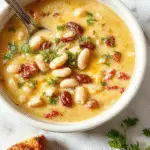 A steaming bowl of Tuscan white bean soup garnished with fresh herbs, topped with a drizzle of olive oil, and served with crusty bread on a rustic wooden table. The soup has a creamy, thick texture with visible white beans, chopped vegetables, and herbs, exuding warmth and comfort.
