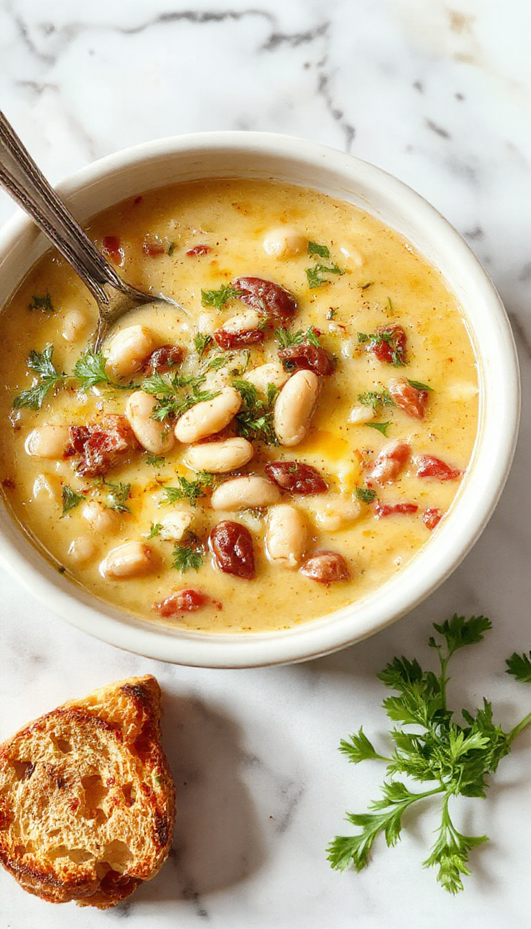 A steaming bowl of Tuscan white bean soup garnished with fresh herbs, topped with a drizzle of olive oil, and served with crusty bread on a rustic wooden table. The soup has a creamy, thick texture with visible white beans, chopped vegetables, and herbs, exuding warmth and comfort.