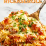 A hearty casserole dish topped with bubbling melted cheese and vibrant red enchilada sauce. Inside, fluffy rice, tender shredded chicken, and seasoned beans are visible, garnished with chopped cilantro and slices of jalapeño, all plated on a rustic white dish set against a warm, inviting kitchen background.