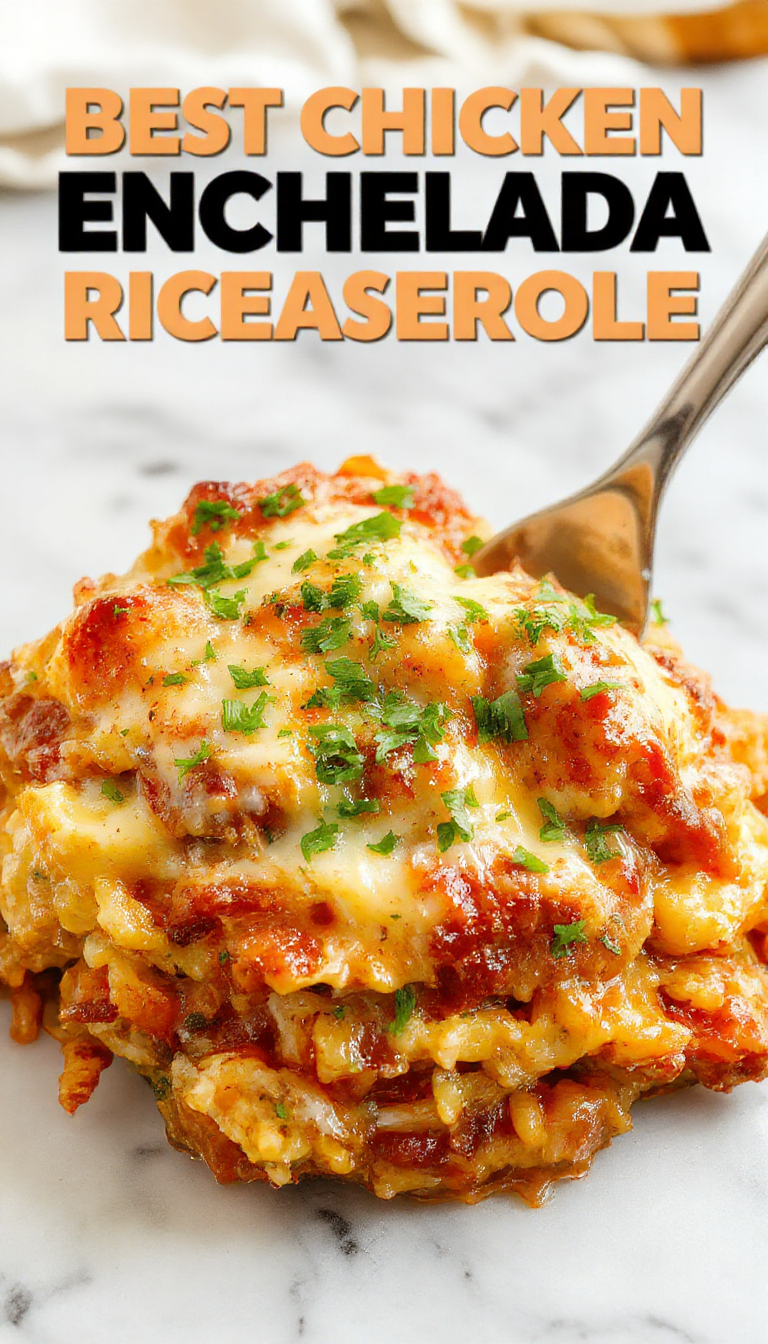 A hearty casserole dish topped with bubbling melted cheese and vibrant red enchilada sauce. Inside, fluffy rice, tender shredded chicken, and seasoned beans are visible, garnished with chopped cilantro and slices of jalapeño, all plated on a rustic white dish set against a warm, inviting kitchen background.