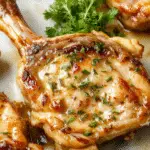 Juicy, golden-brown pork chops seared to perfection in a skillet, topped with a generous dollop of garlic butter. The chops are aligned on a rustic plate, with a hint of seasoned herbs and a drizzle of melted butter, highlighting the crispy crust and tender interior, with a background of a stovetop and fresh garlic cloves.