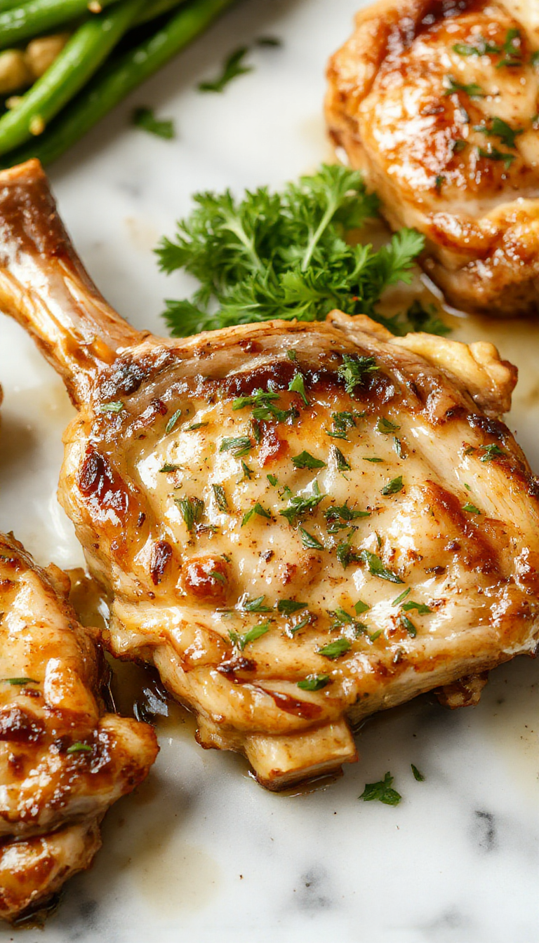 Juicy, golden-brown pork chops seared to perfection in a skillet, topped with a generous dollop of garlic butter. The chops are aligned on a rustic plate, with a hint of seasoned herbs and a drizzle of melted butter, highlighting the crispy crust and tender interior, with a background of a stovetop and fresh garlic cloves.
