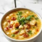 A bowl of creamy white bean soup garnished with fresh herbs, with a drizzle of olive oil and cracked black pepper. The soup appears smooth and velvety, served in a rustic ceramic bowl placed on a wooden surface with a slice of crusty bread in the background.