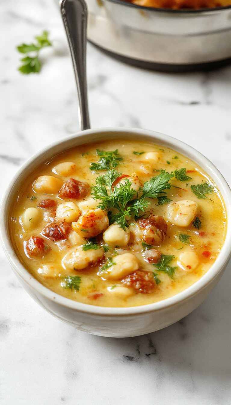 A bowl of creamy white bean soup garnished with fresh herbs, with a drizzle of olive oil and cracked black pepper. The soup appears smooth and velvety, served in a rustic ceramic bowl placed on a wooden surface with a slice of crusty bread in the background.