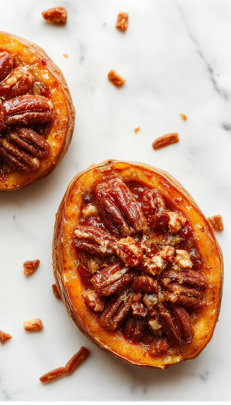 A close-up of a sliced twice-baked sweet potato topped with a caramelized pecan pecan crust, showcasing golden-brown edges, scattered chopped pecans, and a glossy glaze garnish. The dish is presented on a rustic wooden plate with a few whole pecans and a sprig of fresh herbs nearby, evoking warmth and comfort.