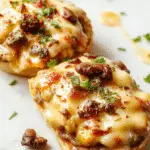 A close-up shot of a toasted Swiss mushroom melt sandwich with melted Swiss cheese oozing over sautéed mushroom filling, garnished with fresh herbs, served on a golden-brown bread crust with a crispy texture