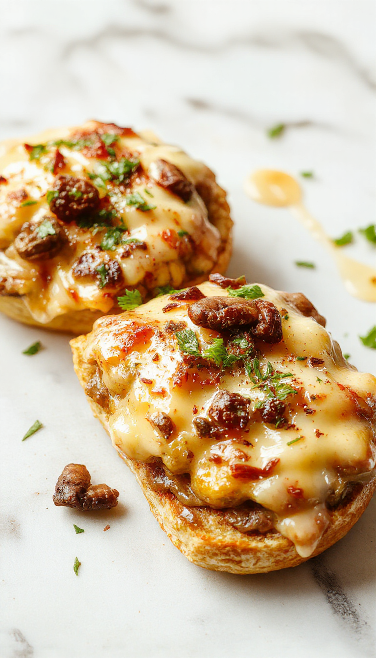 A close-up shot of a toasted Swiss mushroom melt sandwich with melted Swiss cheese oozing over sautéed mushroom filling, garnished with fresh herbs, served on a golden-brown bread crust with a crispy texture