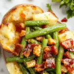 A rustic white bowl filled with vibrant green beans sprinkled with crispy bacon bits, surrounded by chunks of tender golden potatoes, all arranged on a wooden platter garnished with fresh herbs. The dish has a glossy sheen, highlighting the savory bacon and bright green beans, with steam gently rising, emphasizing warmth and homemade comfort.