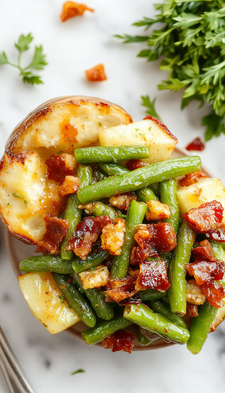 A rustic white bowl filled with vibrant green beans sprinkled with crispy bacon bits, surrounded by chunks of tender golden potatoes, all arranged on a wooden platter garnished with fresh herbs. The dish has a glossy sheen, highlighting the savory bacon and bright green beans, with steam gently rising, emphasizing warmth and homemade comfort.