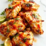 Colorful sheet pan filled with sizzling chicken strips, vibrant red and green bell peppers, and onions, all garnished with fresh cilantro slices, presented on a rustic wooden surface with a side of lime wedges.