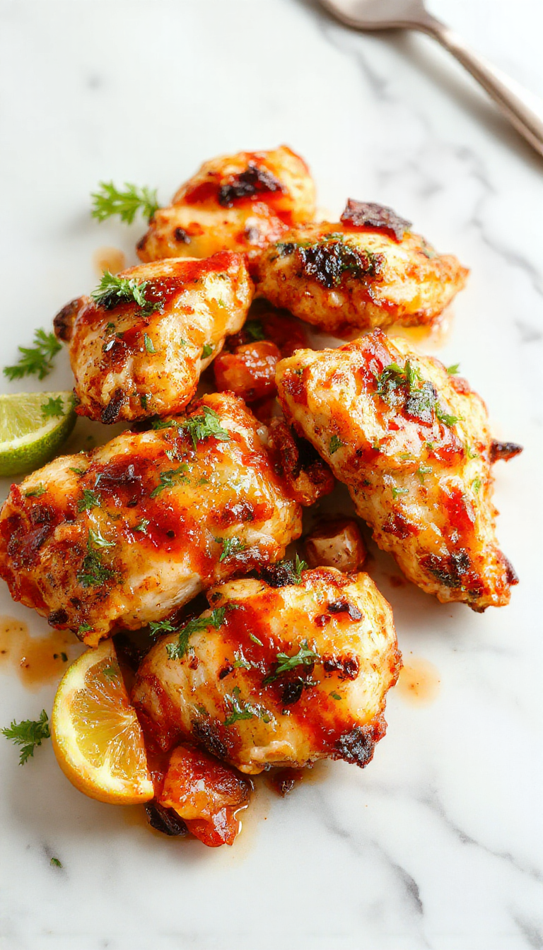 Colorful sheet pan filled with sizzling chicken strips, vibrant red and green bell peppers, and onions, all garnished with fresh cilantro slices, presented on a rustic wooden surface with a side of lime wedges.