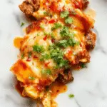 A vibrant plate of beef enchiladas garnished with fresh cilantro and a side of chopped tomatoes, colorful peppers, and melted cheese, all arranged artfully on a rustic white plate with a drizzle of red enchilada sauce, set against a warm, slightly blurred background.