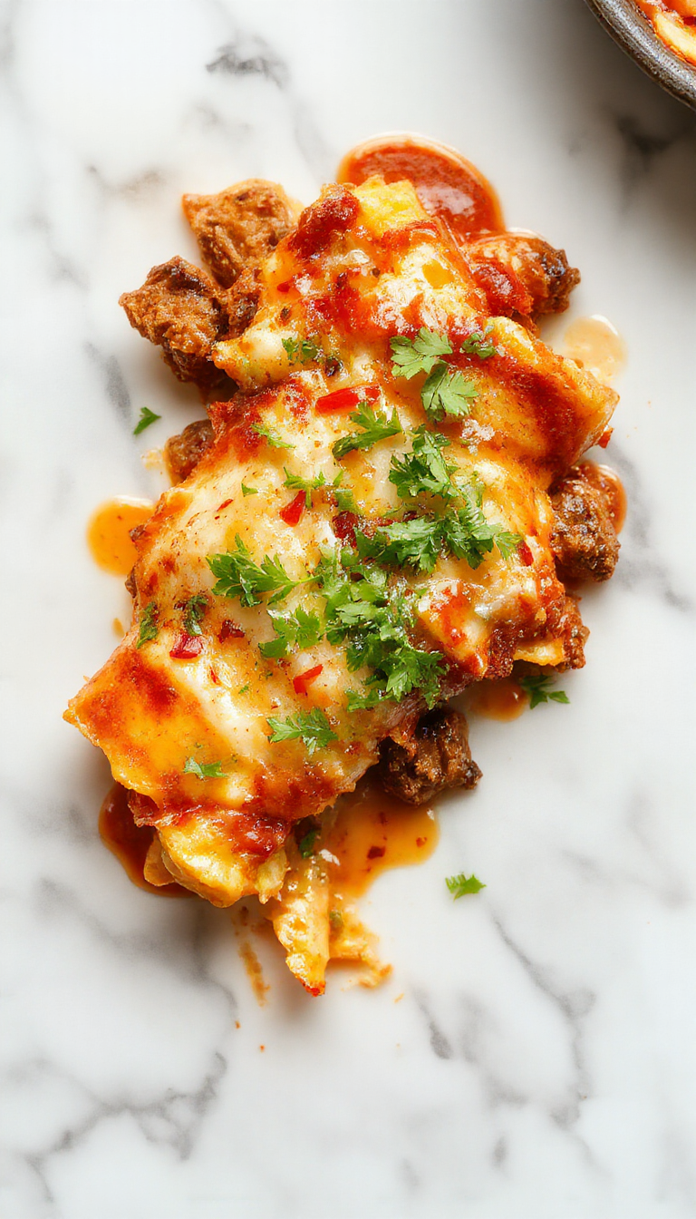 A vibrant plate of beef enchiladas garnished with fresh cilantro and a side of chopped tomatoes, colorful peppers, and melted cheese, all arranged artfully on a rustic white plate with a drizzle of red enchilada sauce, set against a warm, slightly blurred background.