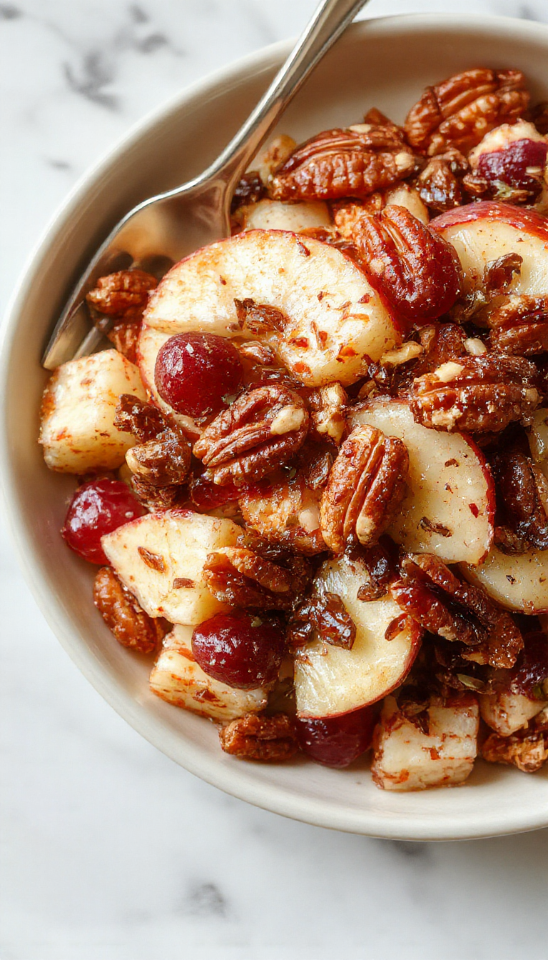 A vibrant wooden bowl filled with a colorful apple cranberry pecan salad. The salad features crisp apple slices, deep red cranberries, toasted pecans, and leafy greens, drizzled with a glossy honey-orange dressing. The presentation showcases a fresh and inviting look with garnishes of additional pecans and cranberries on top.