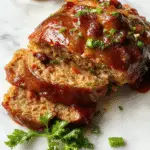 A hearty slice of classic meatloaf on a white plate topped with a dollop of ketchup, garnished with fresh parsley. The meatloaf reveals a moist, well-seasoned interior with a savory crust, served alongside a side of mashed potatoes and steamed vegetables in a rustic kitchen setting.