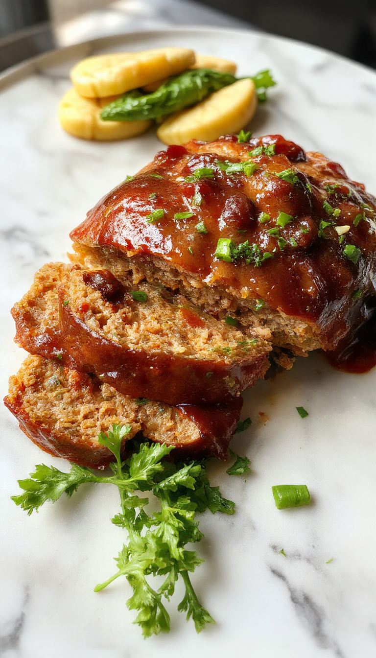 A hearty slice of classic meatloaf on a white plate topped with a dollop of ketchup, garnished with fresh parsley. The meatloaf reveals a moist, well-seasoned interior with a savory crust, served alongside a side of mashed potatoes and steamed vegetables in a rustic kitchen setting.