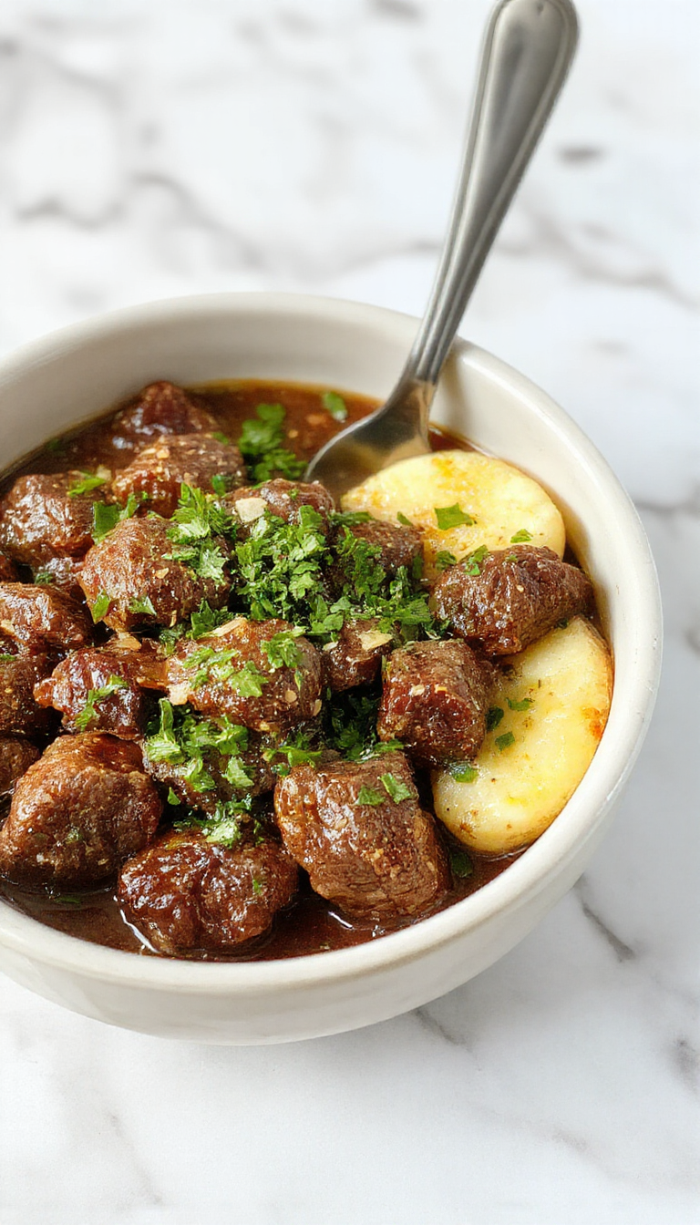 A vibrant bowl filled with seasoned ground beef, topped with fresh chopped herbs, served on a rustic wooden table with ingredients like tomatoes and greens visible around.