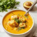 A vibrant bowl of golden turmeric chicken soup garnished with fresh herbs, with chunks of chicken and vegetables visible, steam rising, in a rustic white bowl on a wooden surface.