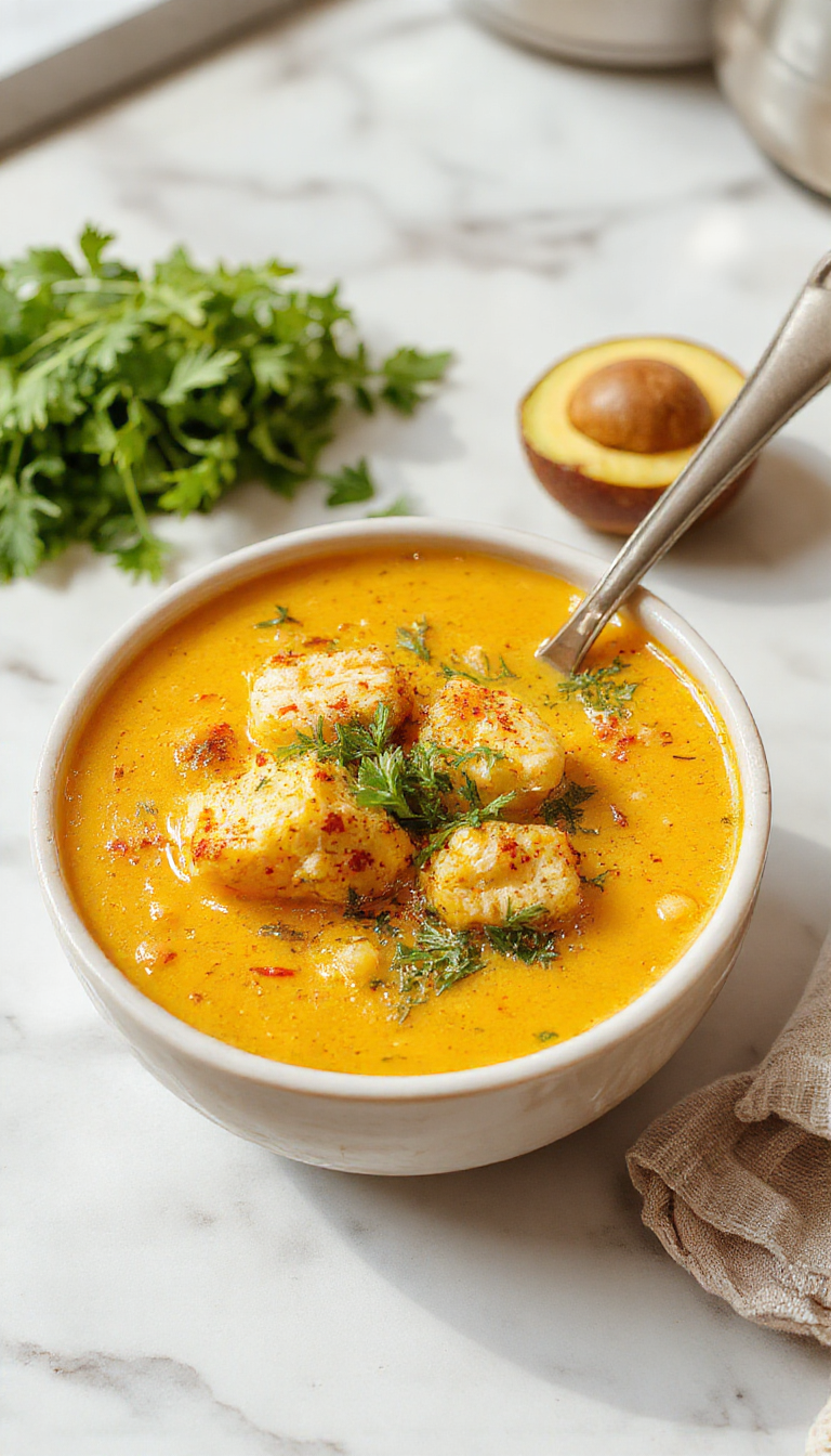A vibrant bowl of golden turmeric chicken soup garnished with fresh herbs, with chunks of chicken and vegetables visible, steam rising, in a rustic white bowl on a wooden surface.